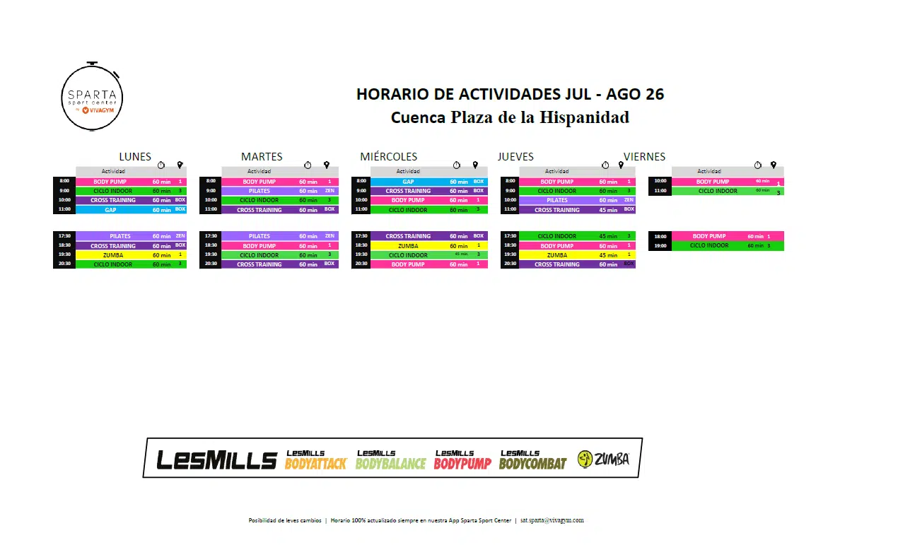 07.26 Horario actividades dirigidas Cuenca Plaza de la Hispanidad