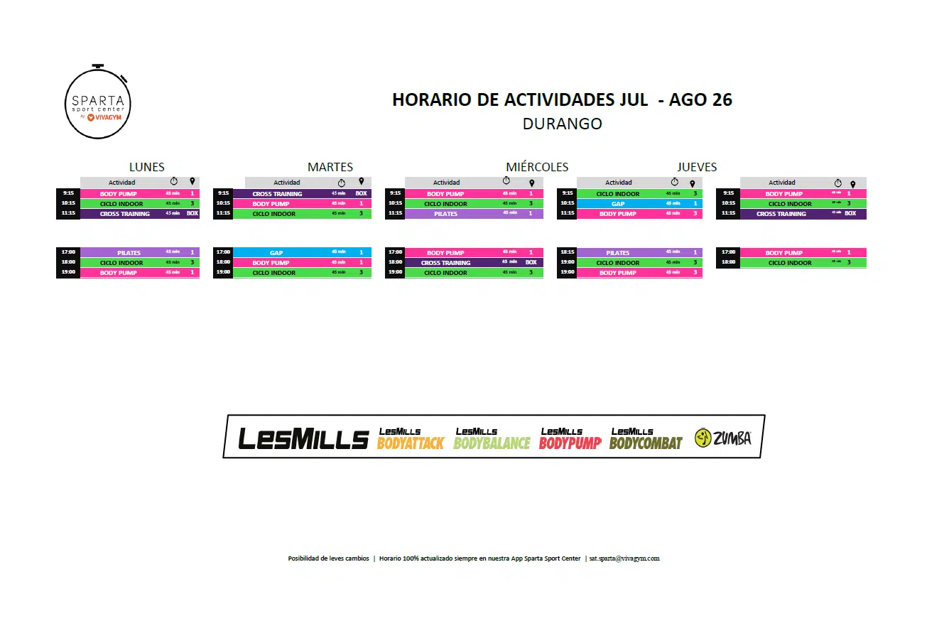 07.26 Horario actividades dirigidas Durango