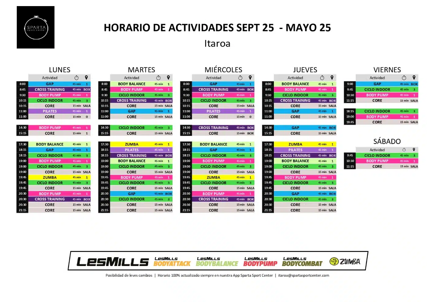 horario gimnasio sparta sport center itaroa