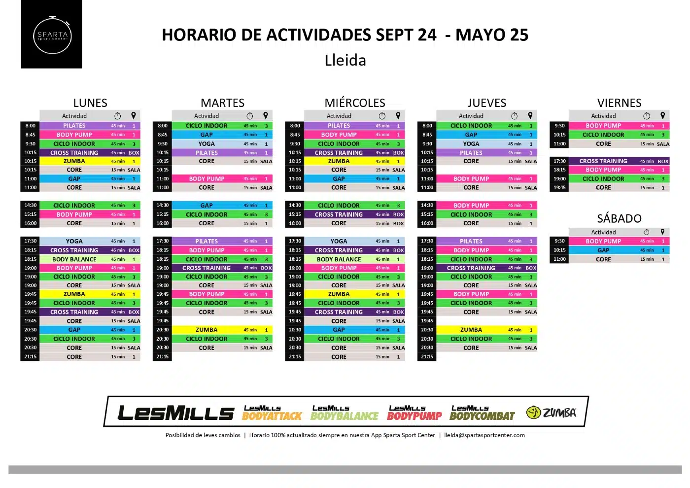 horarios del gimnasio sparta sport center en lleida