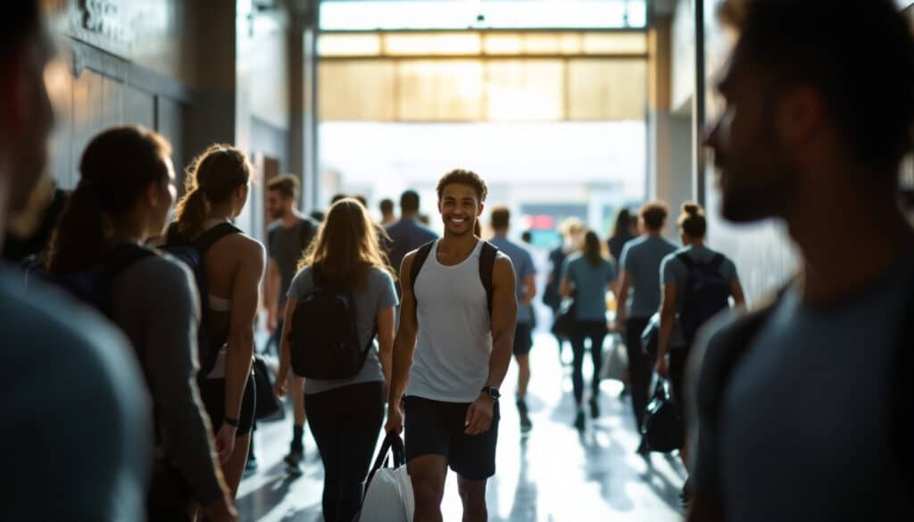 entrada a un gimnasio con grupo de personas charlando