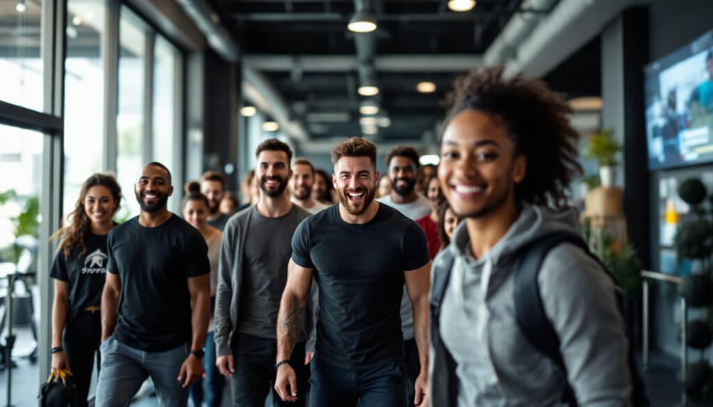 equipo de personas reunidas en un gimnasio con actitud positiva