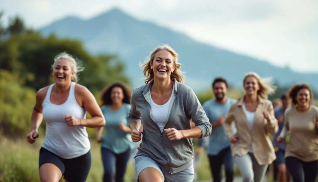 grupo de personas corriendo en un campo con montanas de fondo