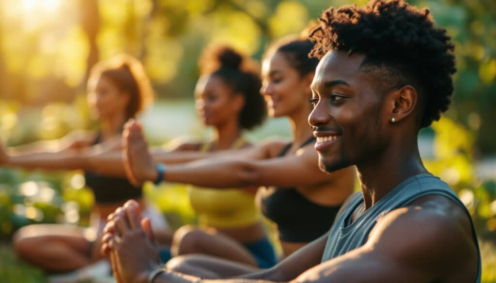 grupo de personas realizando yoga en un parque bajo la luz del sol