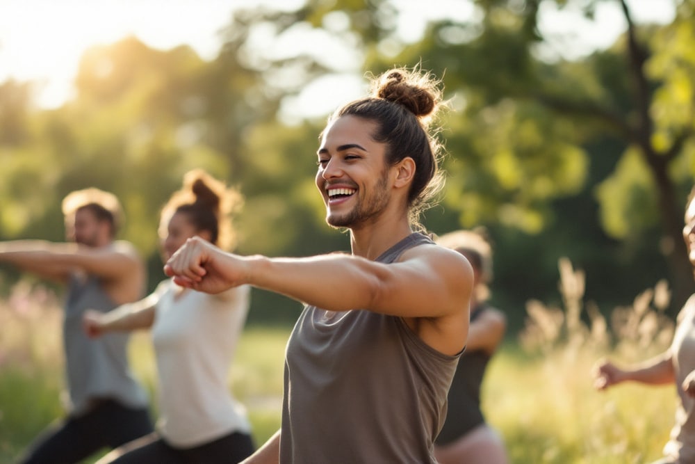 joven sonriente participando en una sesion de yoga al aire libre