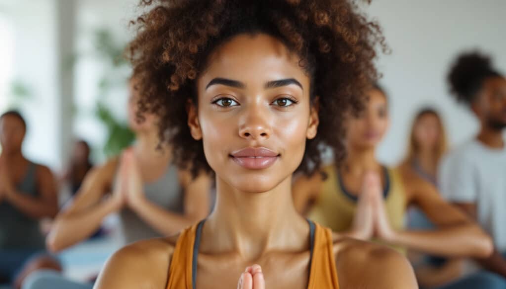 mujer sonriente participando en una clase de yoga en interior