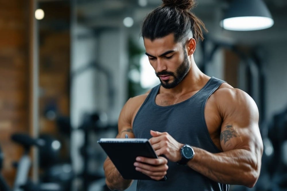 fisicoculturista consultando tablet en gimnasio