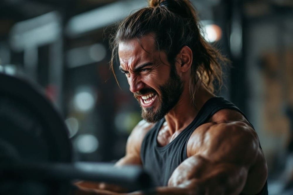 hombre levantando pesas con intensidad en el gimnasio