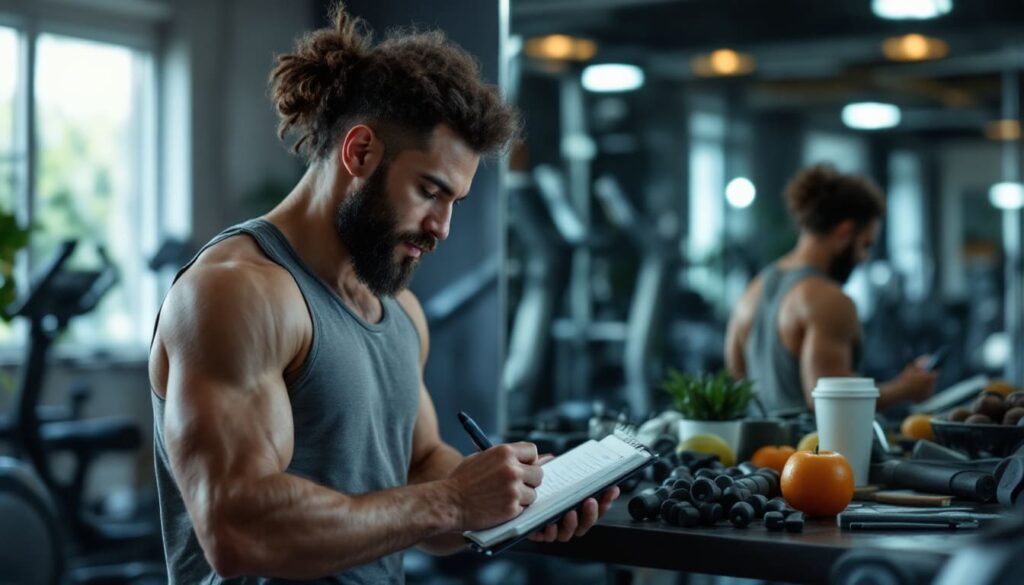 hombre tomando notas sobre entrenamiento en gimnasio