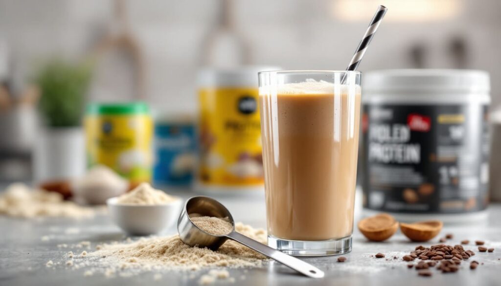 batido de proteina en vaso de cristal con polvo y avena en fondo desenfocado