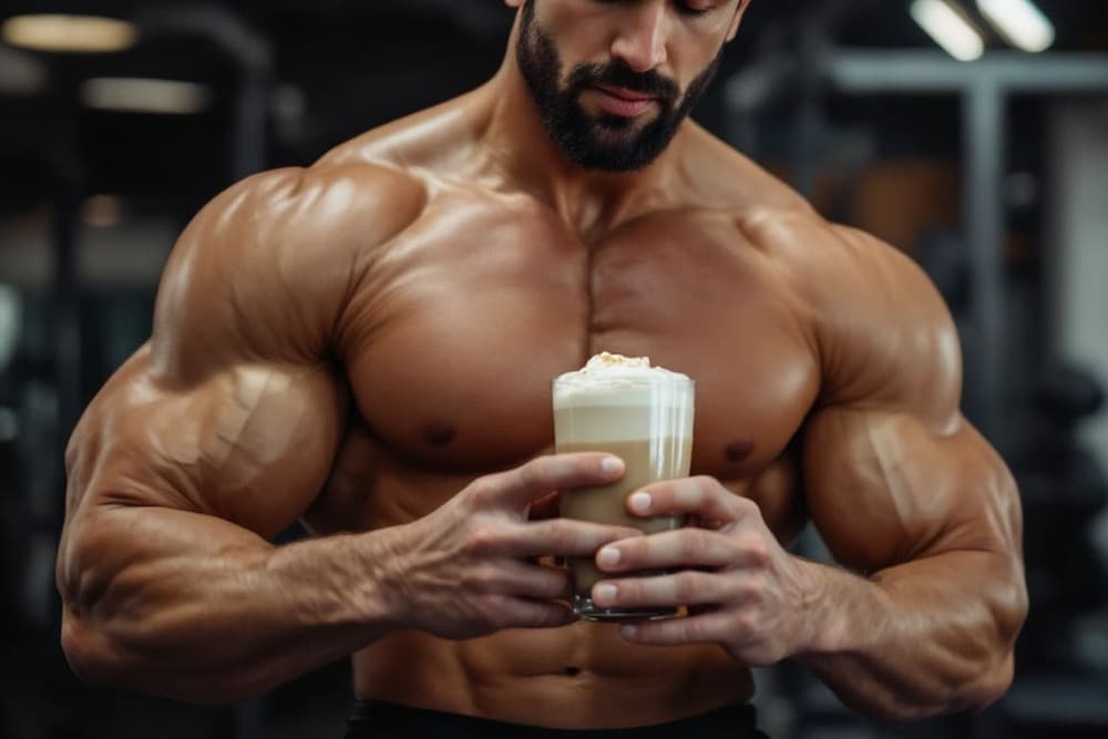 culturista sujetando batido proteico en gimnasio con brazos musculados en primer plano