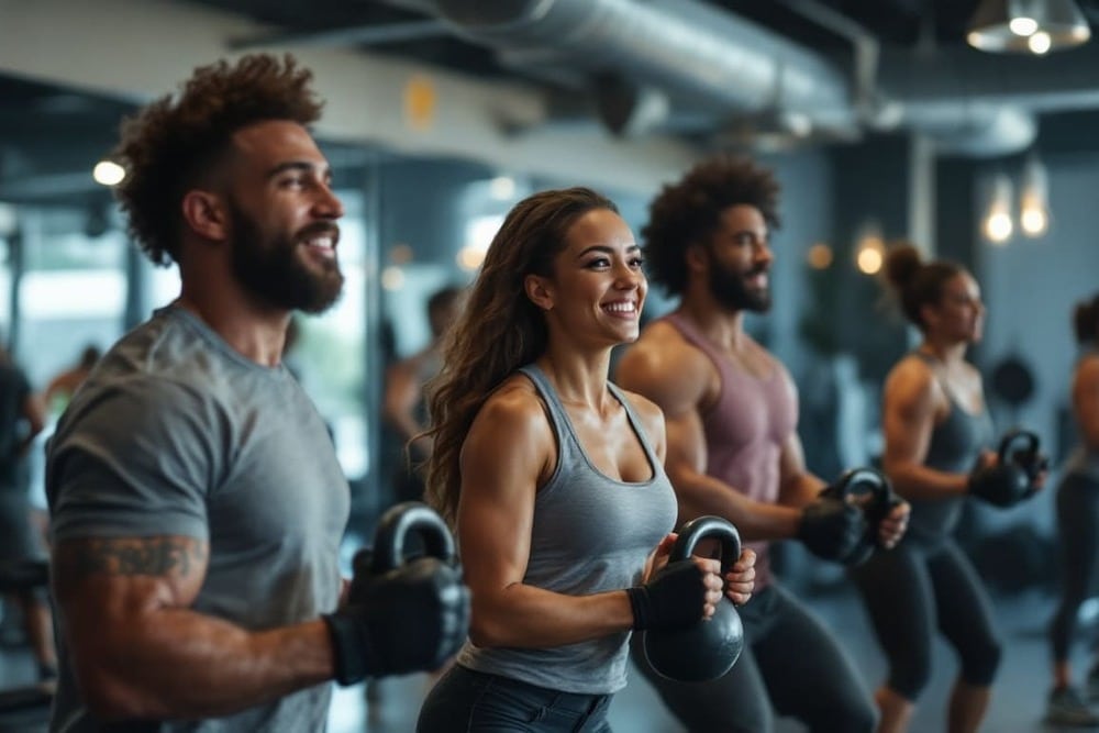 entrenador personal motivando a jovenes en gimnasio con rutina de pesas en sala llena