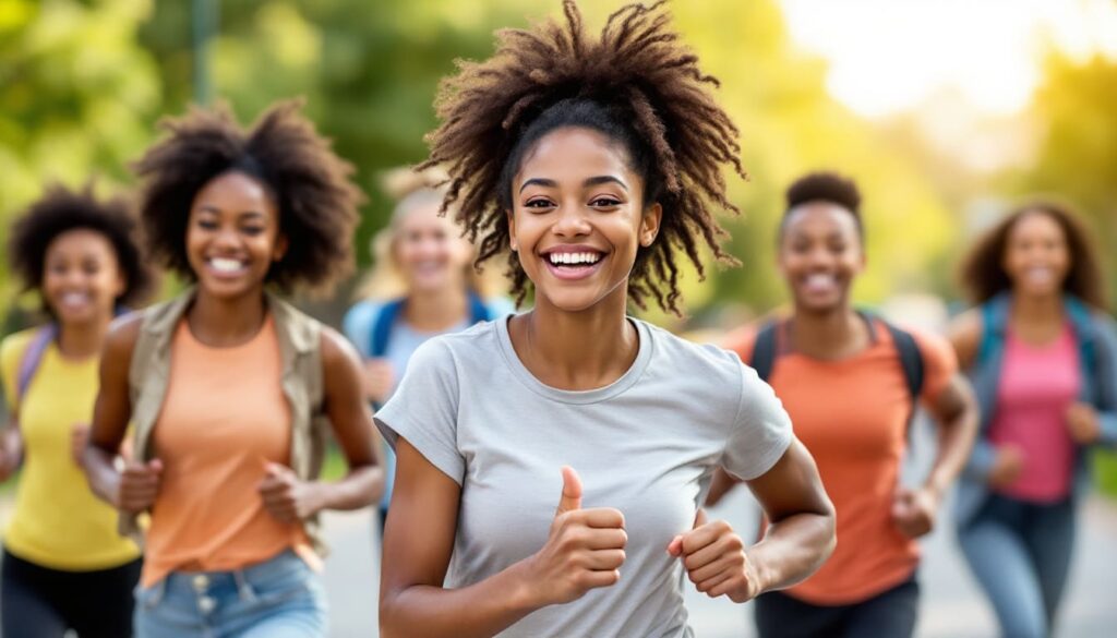 grupo de chicas jovenes corriendo hacia la camara con sonrisas en parque al atardecer