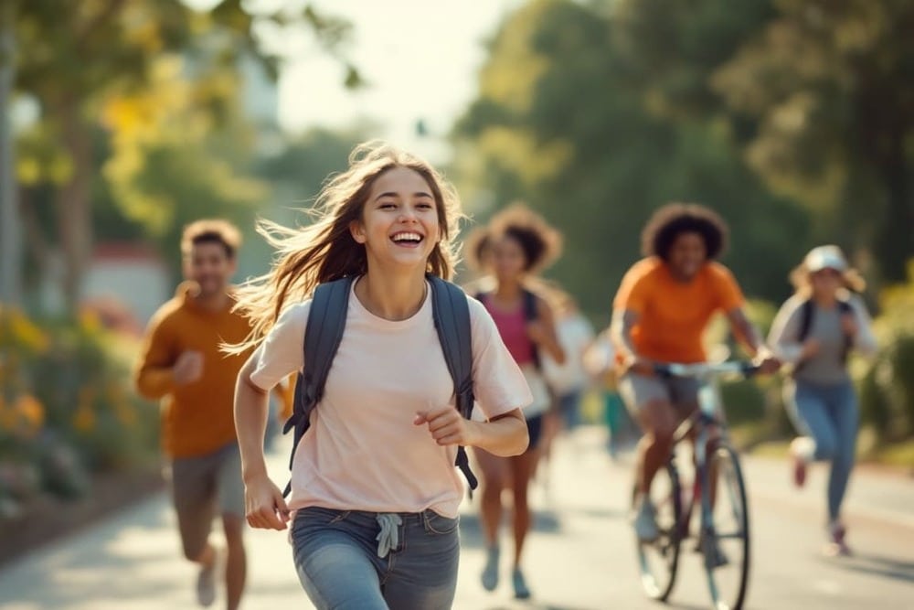grupo de ninos y jovenes corriendo y montando bicicleta en parque con sol de tarde