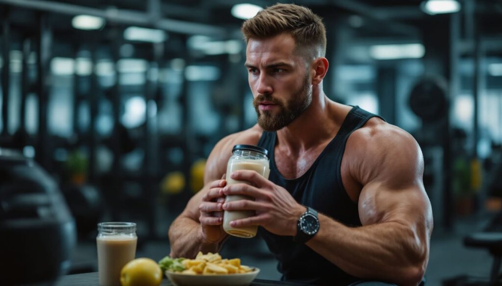 hombre musculoso en gimnasio sosteniendo batido de proteina despues de entrenamiento