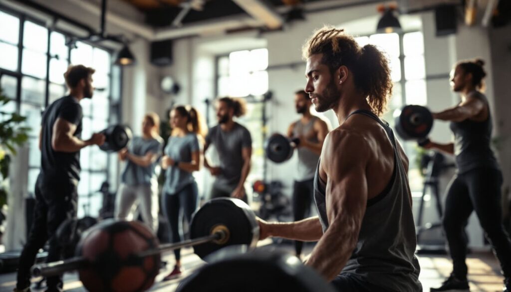 hombres y mujeres entrenando en gimnasio con pesas en ambiente intenso y motivador