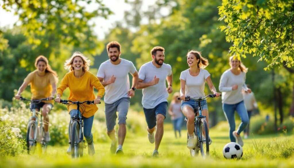 jovenes corriendo juntos en parque verde en dia soleado con balones y ropa casual