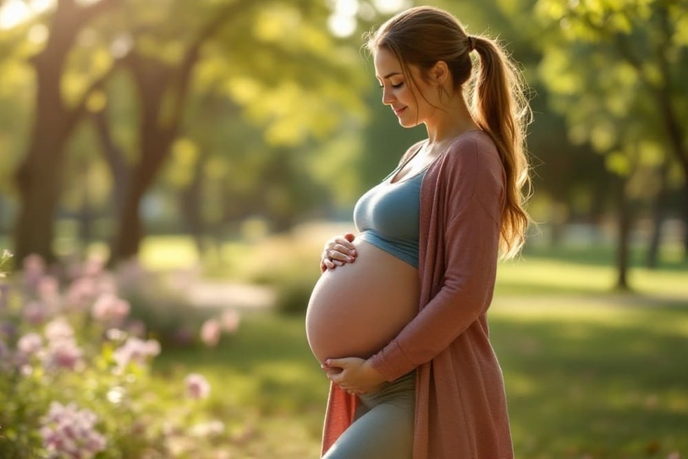 mujer embarazada en vestido rosado tocando su barriga en parque con flores