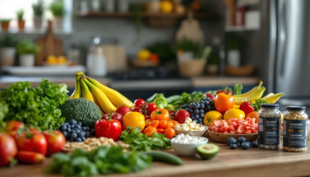 frutas y verduras frescas sobre mesa en cocina con suplementos y accesorios de nutricion