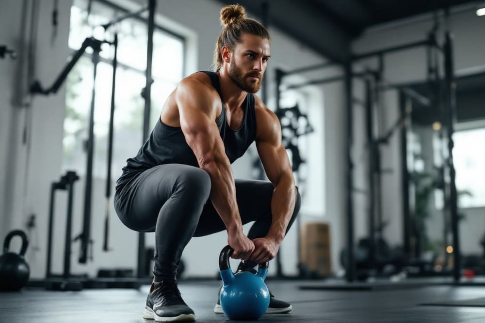 hombre entrenando con pesas en posicion de sentadillas concentrado en gimnasio