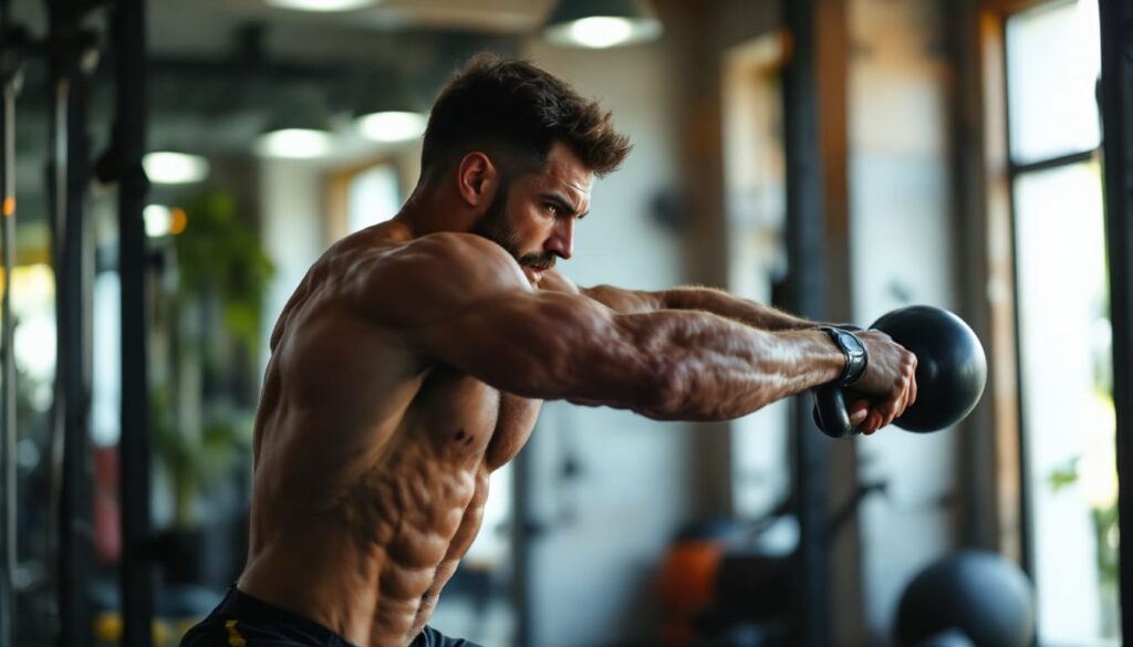 hombre fuerte levantando pesa kettlebell con movimiento de balancin en salon de ejercicio