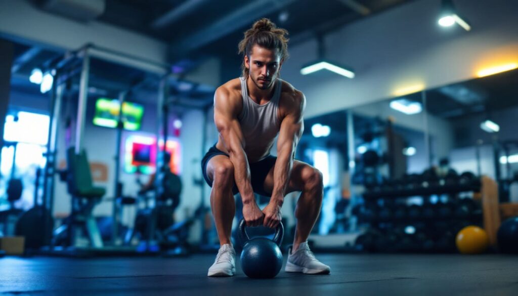 hombre musculoso haciendo ejercicio de sentadillas con pesas en gimnasio moderno