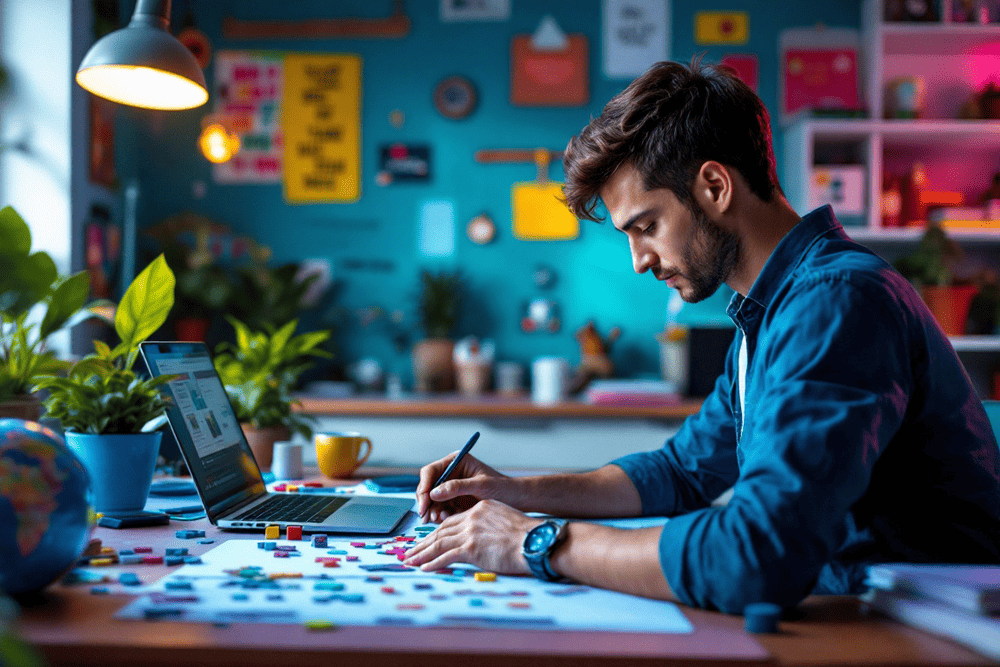 hombre trabajando en escritorio con ordenador y cuadernos en ambiente colorido y creativo