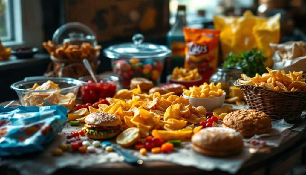 mesa llena de snacks y comida para fiestas con papas burgers y otros aperitivos