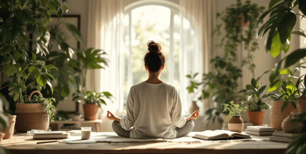mujer practicando meditacion en salon luminoso con muchas plantas y luz natural