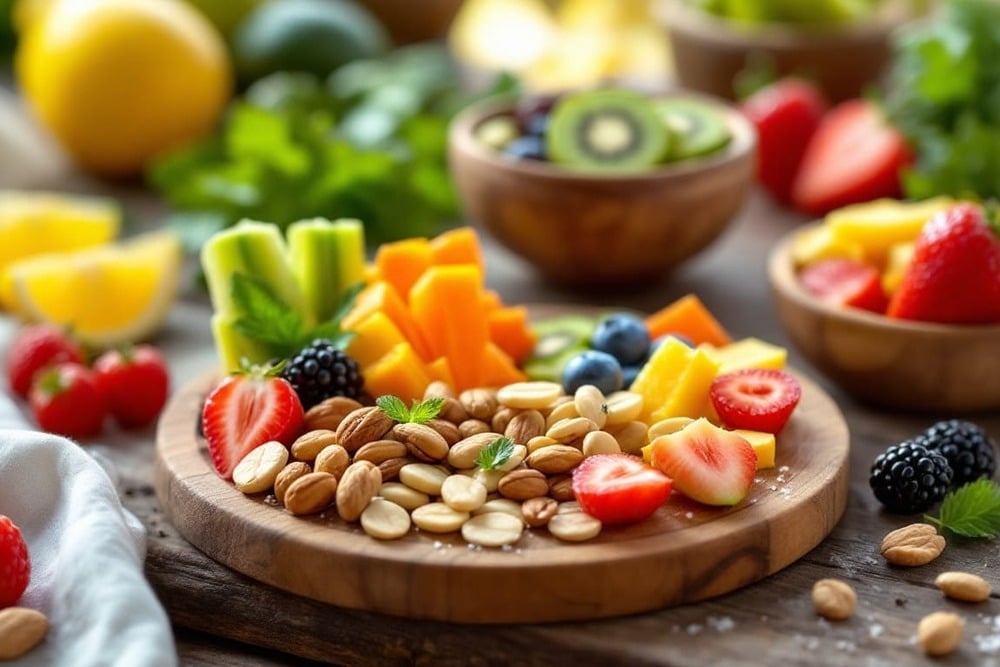 plato de frutas frescas frutos secos y verduras organicas en presentacion colorida y natural