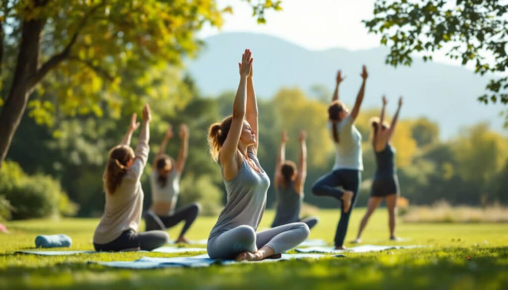 mujeres haciendo yoga al aire libre
