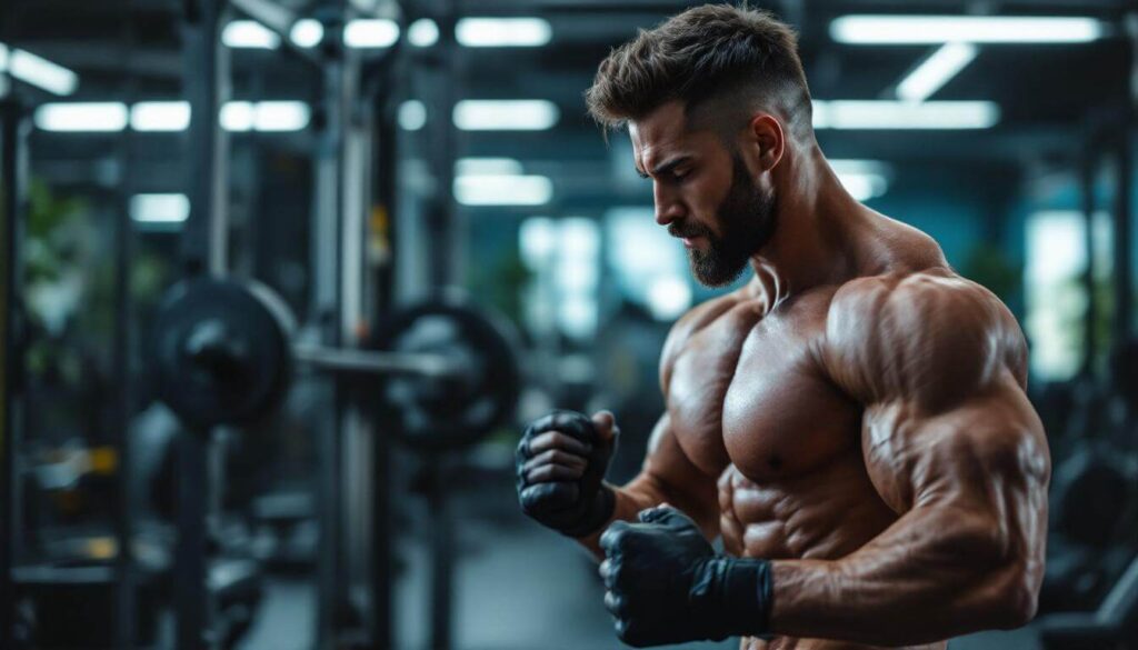 hombre con guantes en gimnasio