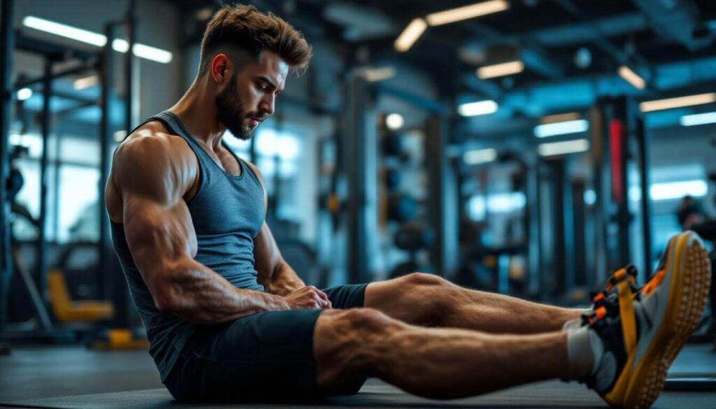 hombre estirando en gimnasio