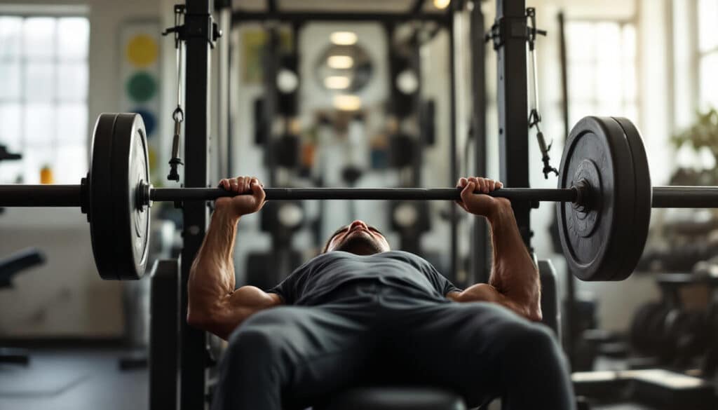 hombre levantando peso en banca