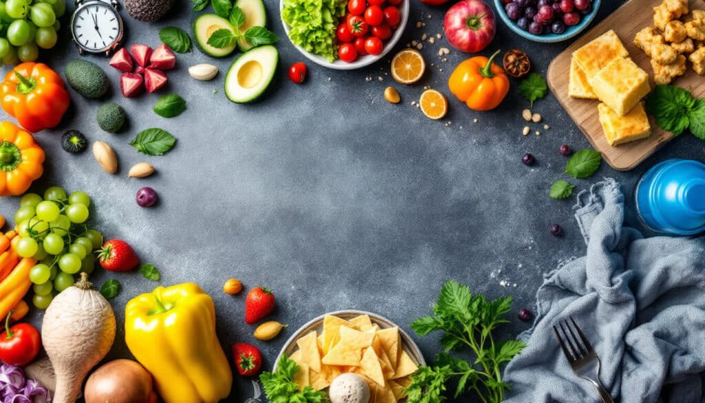 mesa con frutas y verduras