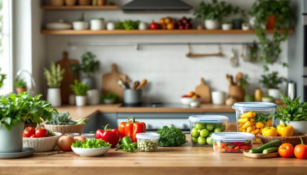 mesa con frutas y verduras