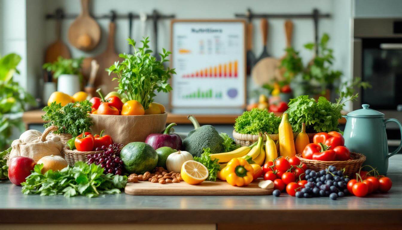 mesa con muchas frutas y verduras