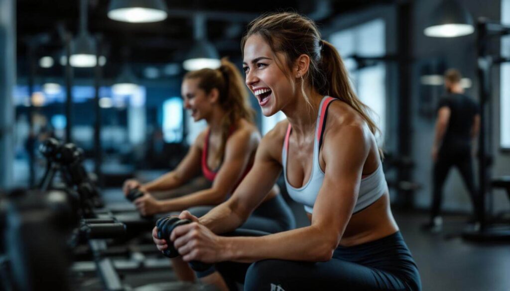 mujeres riéndose en bicicleta en gimnasio