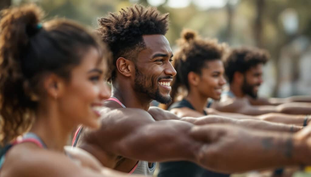 personas estirando y sonriendo