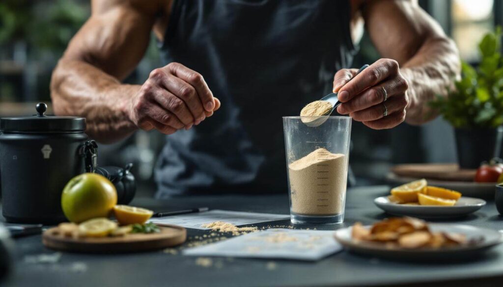 hombre haciendo batido de proteínas