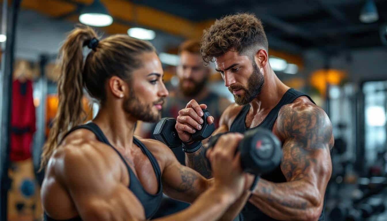 Errores Comunes al Trabajar con un Entrenador Personal A photograph of a personal trainer actively engaging with a client in a dynamic workout session