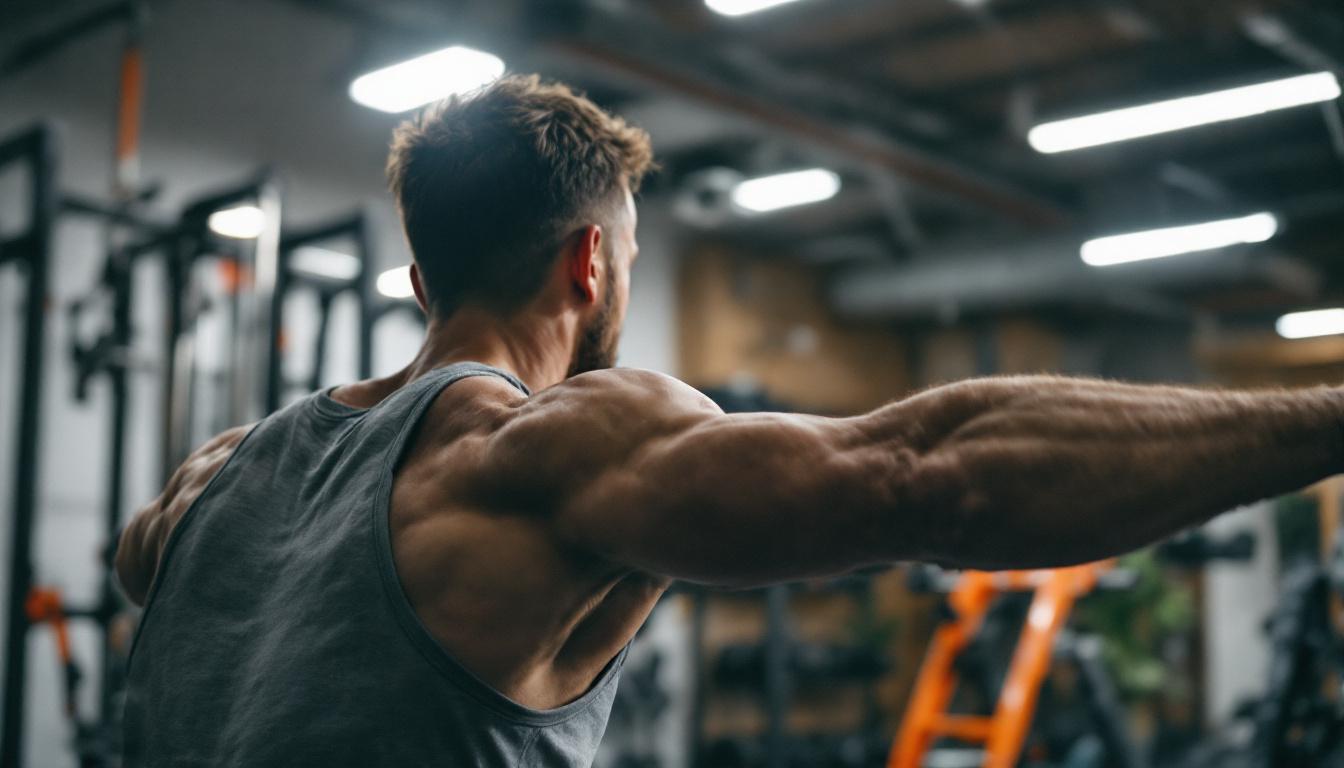 A photograph of a person performing a shoulder workout