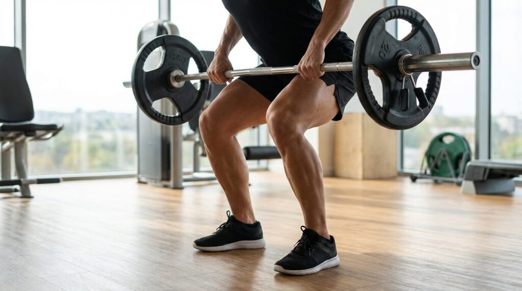 hombre levantando barra con discos