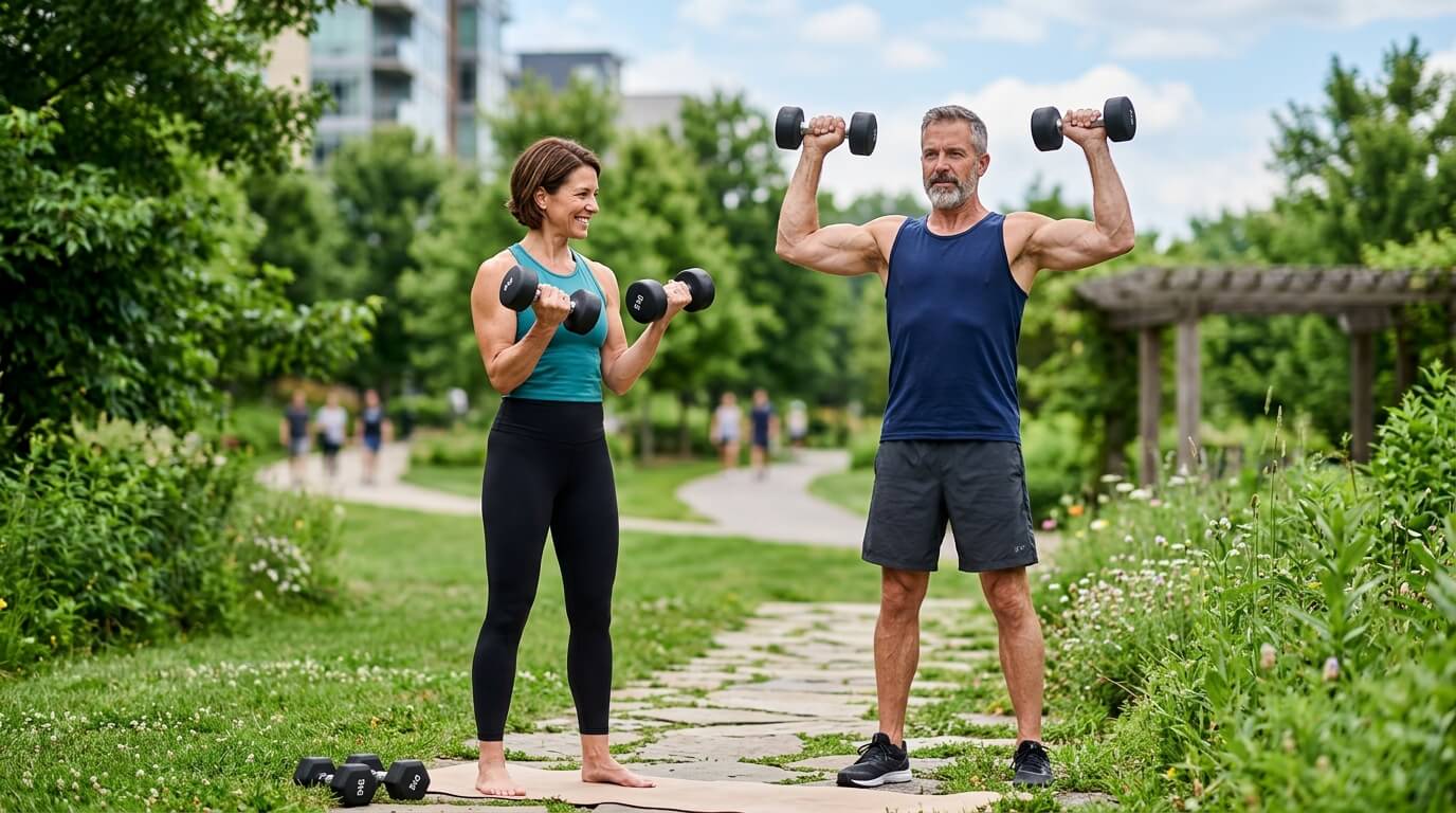 hombre y mujer entrenando al aire libre