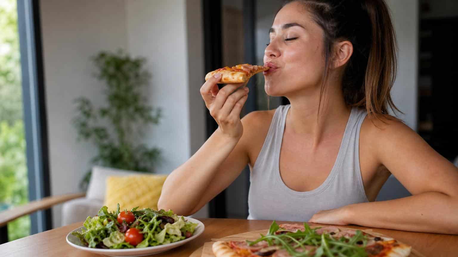 mujer comiendo pizza mujer comiendo pizza