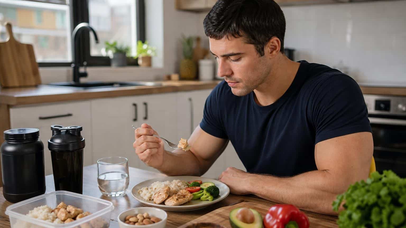 Muscular man in a kitchen eating a healthy meal of chicken, rice, and broccoli next to a protein shaker and meal prep containers. Muscular man in a kitchen eating a healthy meal of chicken, rice, and broccoli next to a protein shaker and meal prep containers.