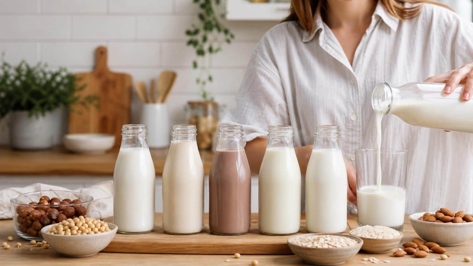 Woman pouring plant-based milk into a glass next to bottles of almond, soy, oat, and chocolate milk surrounded by bowls of raw nuts and grains. Woman pouring plant-based milk into a glass next to bottles of almond, soy, oat, and chocolate milk surrounded by bowls of raw nuts and grains.