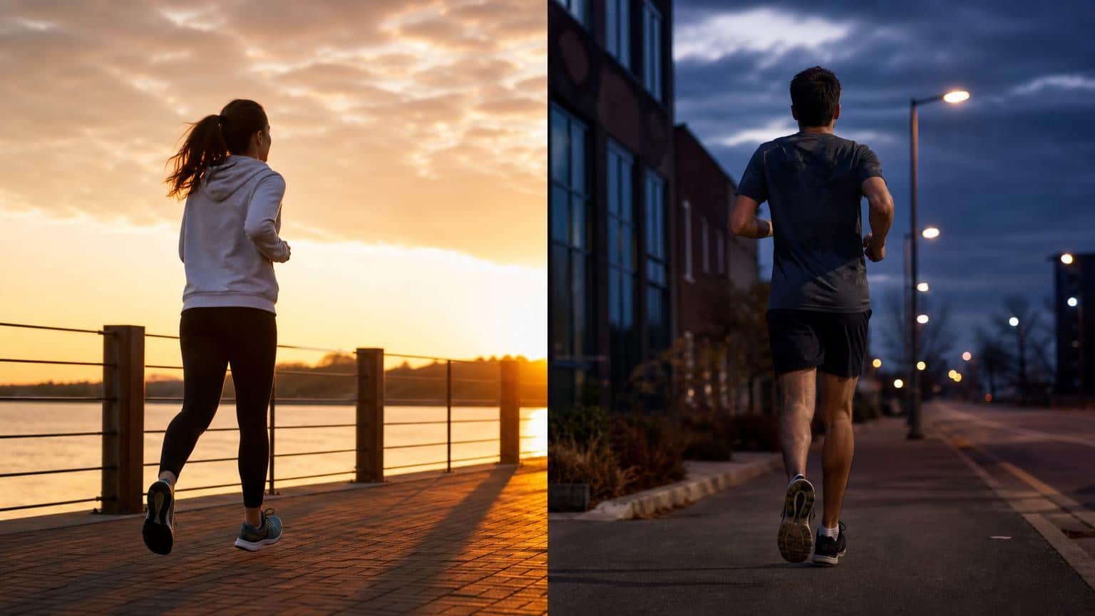 Split screen showing a woman running at sunrise by a lake and a man running at night on a city street under streetlights. Split screen showing a woman running at sunrise by a lake and a man running at night on a city street under streetlights.