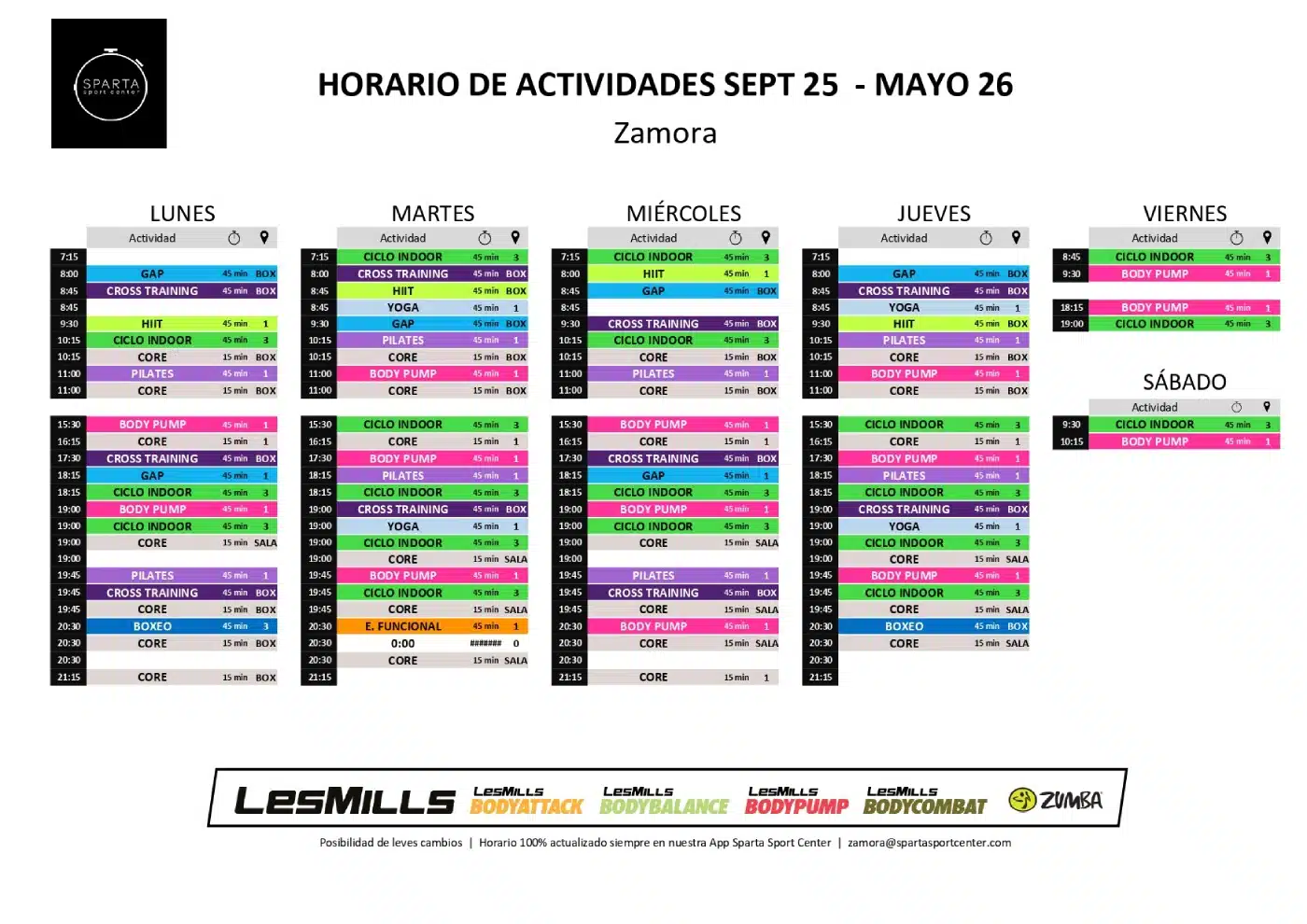 horario gimnasio sparta sport center zamora