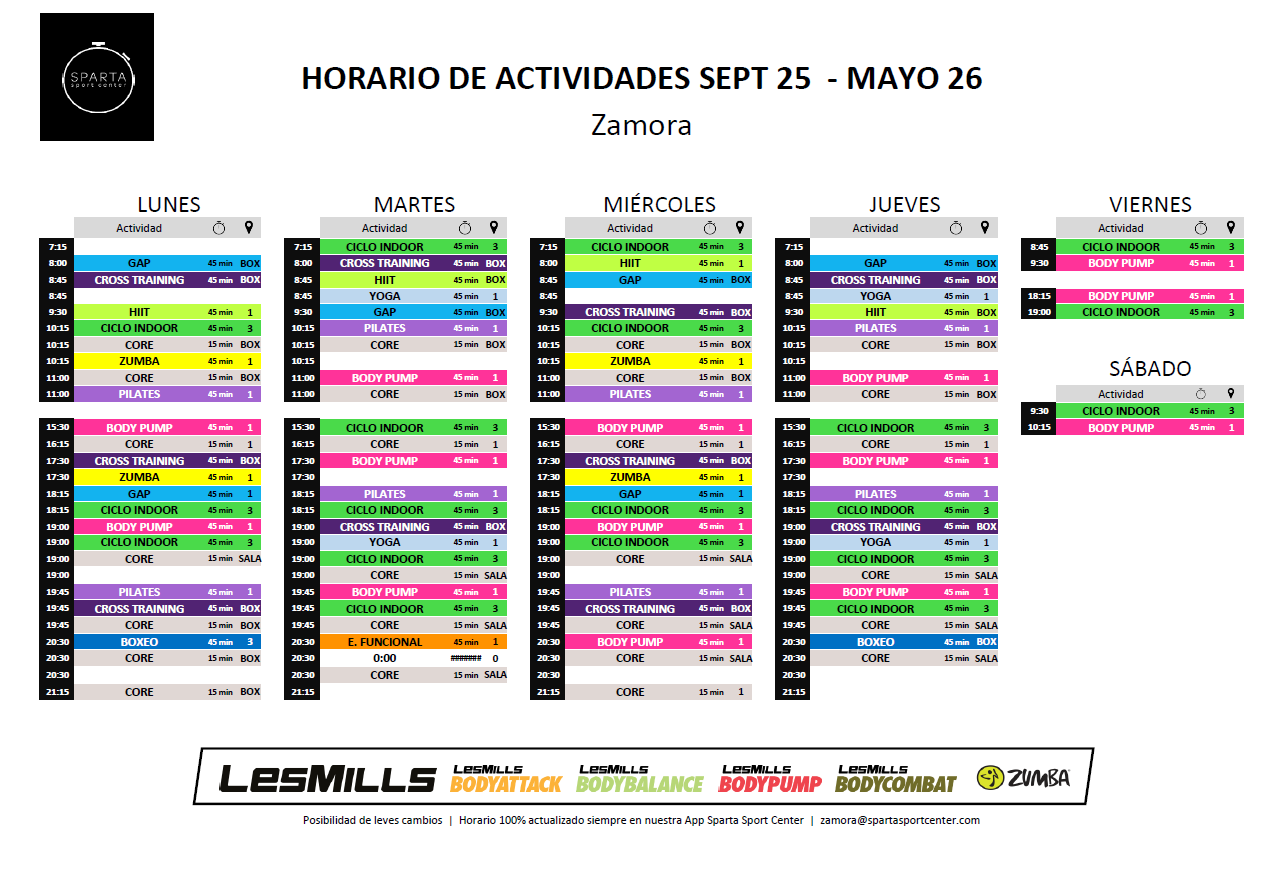 horario gimnasio sparta sport center zamora